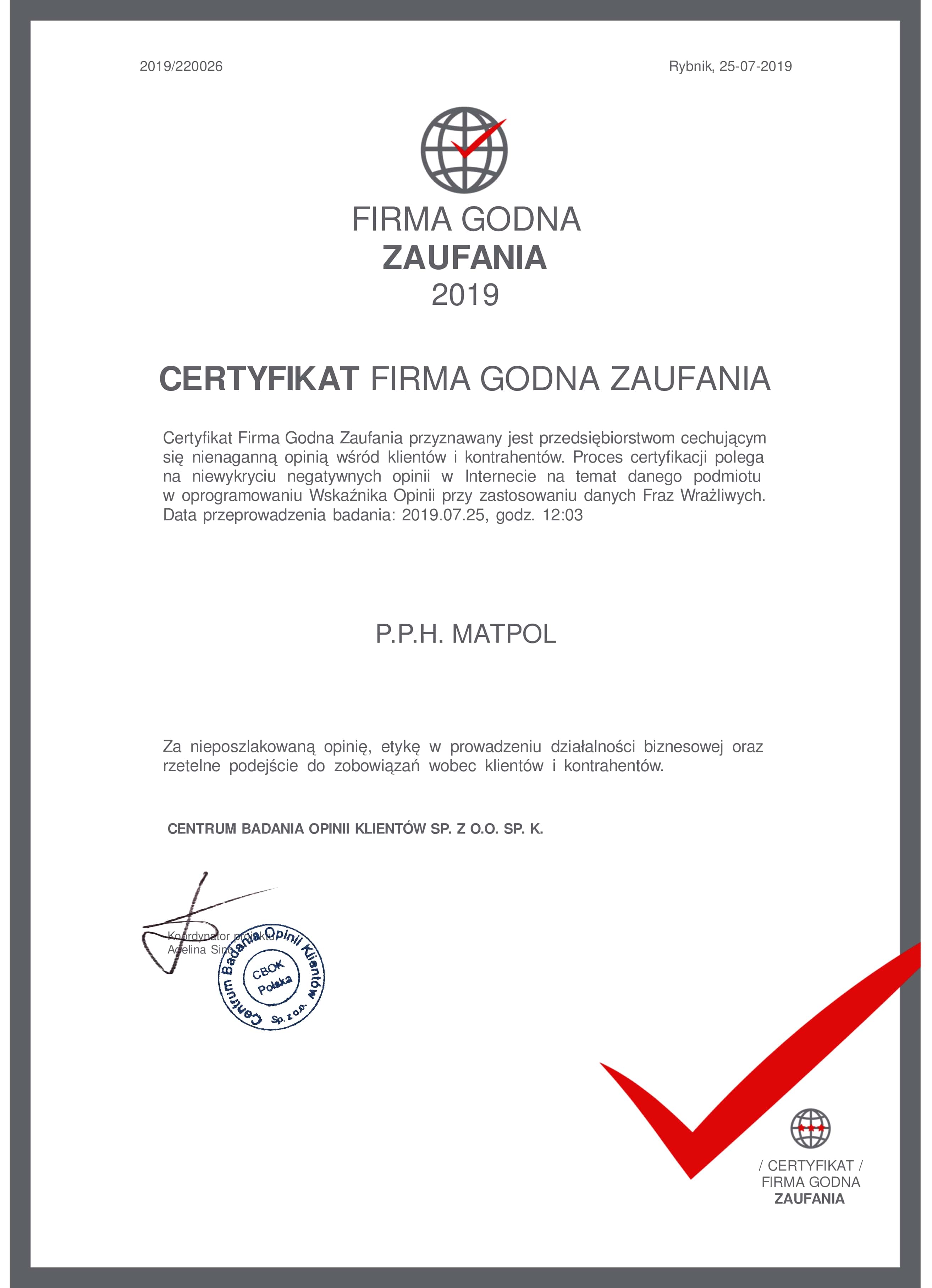 Certyfikat Firma godna Zaufania Matpol Choinki